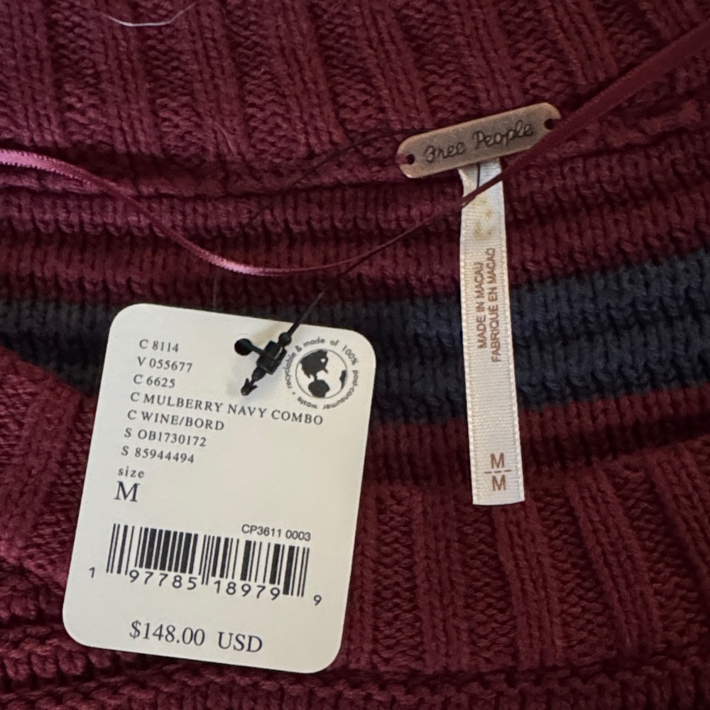 Free People Mulberry and Navy Striped Crewneck Sweater - Picture 2 of 3